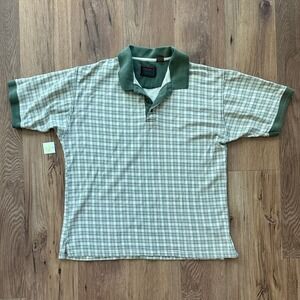 Vintage Cougar LTD Mens Green White Grid Polo Shirt Size L Short Sleeve 90s